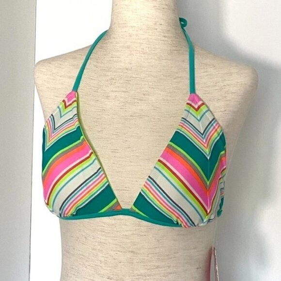 Reversible Triangle Bikini Swimsuit Halter Top Juniors Sz L Chevron Neon Green - Picture 13 of 16